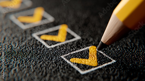 A close-up of a pencil marking checkboxes on a textured surface, symbolizing tasks completion and organization.