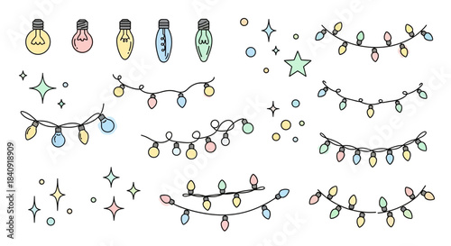 Decorative string lights and colorful hanging ornaments arranged in a festive celebration pattern illustration