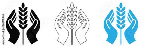 Hands holding a wheat stalk icon set, vector illustration,Wheat grain icon Logo Template Design set.Wheat icons. thin line vector icons