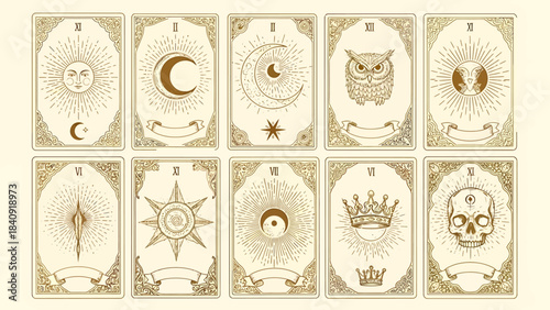 Vintage emblem card set featuring moons, owls, crowns, skulls, suns and stars in ornate heraldic frames for fantasy, decor and design projects.
