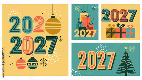 Festive 2027 holiday banner featuring ornaments, wrapped gifts, and a Christmas tree in teal and orange tones