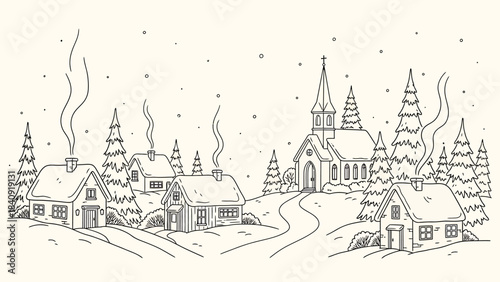 Whimsical snowy village scene featuring quaint cottages, a church with steeple, and pine trees
