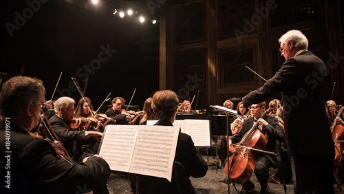 A professional band of classical and jazz musicians on stage performing a musical concert with a pianist, violinist, and rock guitarist playing their string instruments to create a live sound
