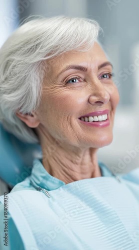 Senior woman smiling while sitting in dental chair during check-up, vertical video
