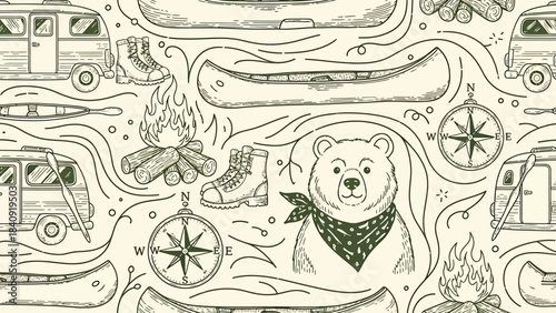 Whimsical black-and-white nature doodle featuring a scarf-wearing bear, camping gear, and compass motifs in a seamless outdoor pattern