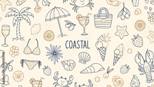 Coastal Seaside Pattern with Palm Trees, Seashells, Pineapples and Beachwear for Summer Decor, Wallpaper and Tropical-Inspired Design