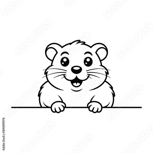 Cute Cartoon Groundhog or Hamster Peeking Over Border Lineart Vector