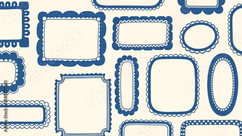 A seamless pattern of various hand-drawn blue picture frames with decorative scalloped borders on a cream background.