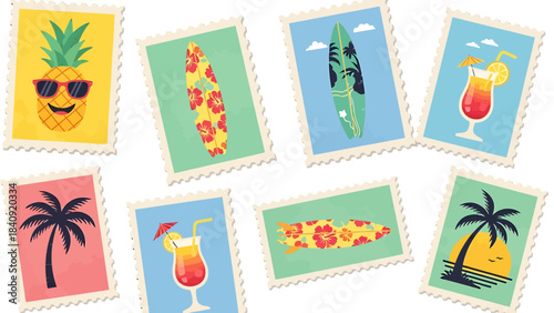 Eight colorful postage stamp illustrations featuring tropical summer elements like pineapples, surfboards, cocktails, and palm trees on a white background.