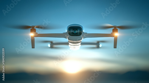 A modern drone soaring through the sky, capturing stunning aerial views at sunset, showcasing innovation in flight technology.