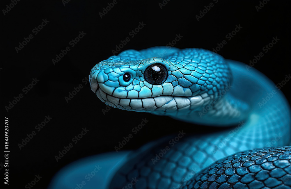 Fototapeta premium Close up of a bright blue viper snake coiled against a dark background. Its scales are detailed, and its black eyes stare forward intensely, showing a sleek, dangerous creature.