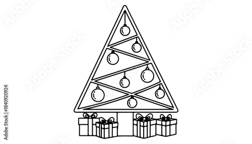 Festive Christmas Tree Design: A minimalist Christmas tree design, adorned with ornaments and gifts, perfect for holiday-themed design.