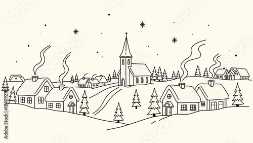Line art illustration of a charming winter village scene with a church, houses, pine trees, and smoke from chimneys under a starry sky.