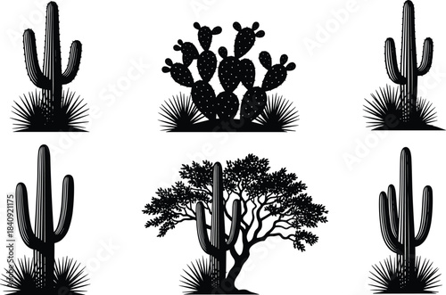 Desert cactus silhouette collection with detailed saguaro, prickly pear, and desert tree elements, bold black vector illustration for nature, wilderness, and landscape design themes