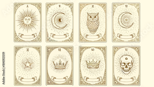 Vintage-style tarot cards featuring mystical symbols like sun, moon, owl, star, crowns, and skull on an antique background.