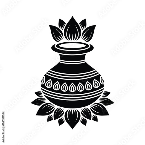 Indian kalash pot with lotus flower vector illustration traditional hindu worship symbol auspicious sign silhouette isolated background