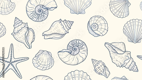 Hand-drawn seamless pattern featuring various seashells and a starfish on a light background, showcasing marine life.