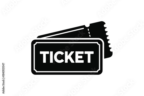 Black and white graphic of two overlapping tickets with the word T I C K E T entry admission