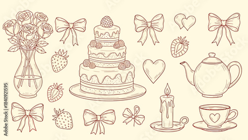 Hand-drawn outline illustrations of romantic and celebration items including a rose bouquet, tiered cake, bows, hearts, strawberries, teapot, teacup, and candle.