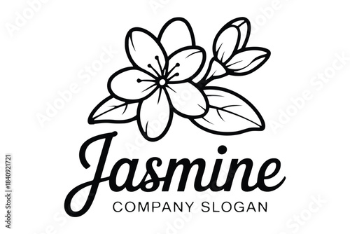 Black and white line art logo of jasmine flower and text floral blossom