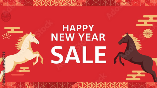 A vibrant red banner featuring two majestic horses, one light and one dark, in a dynamic pose, with the text 'HAPPY NEW YEAR SALE' in white, surrounded by traditional Asian patterns.