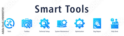 Smart Tools banner with icons of Tools, Toolbox, Technical Setup, System Maintenance, Optimization, Bug Report and Help Desk.