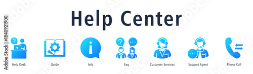 Help Center banner with icons of Help Desk, Guide, Info, Faq, Customer Services, Support Agent and Phone Call.