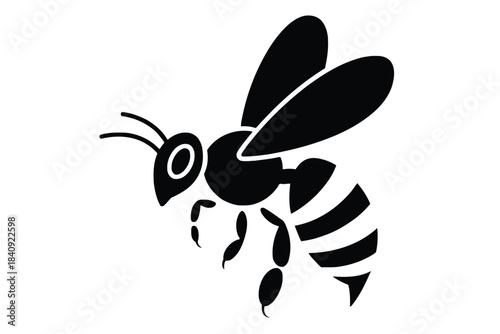 Black silhouette of a bee with striped abdomen and wings on white background insect black and white