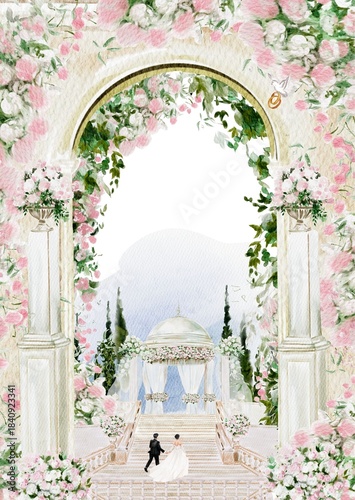 Green Pink Pastel Elegant Watercolor Flower Wedding Invitation