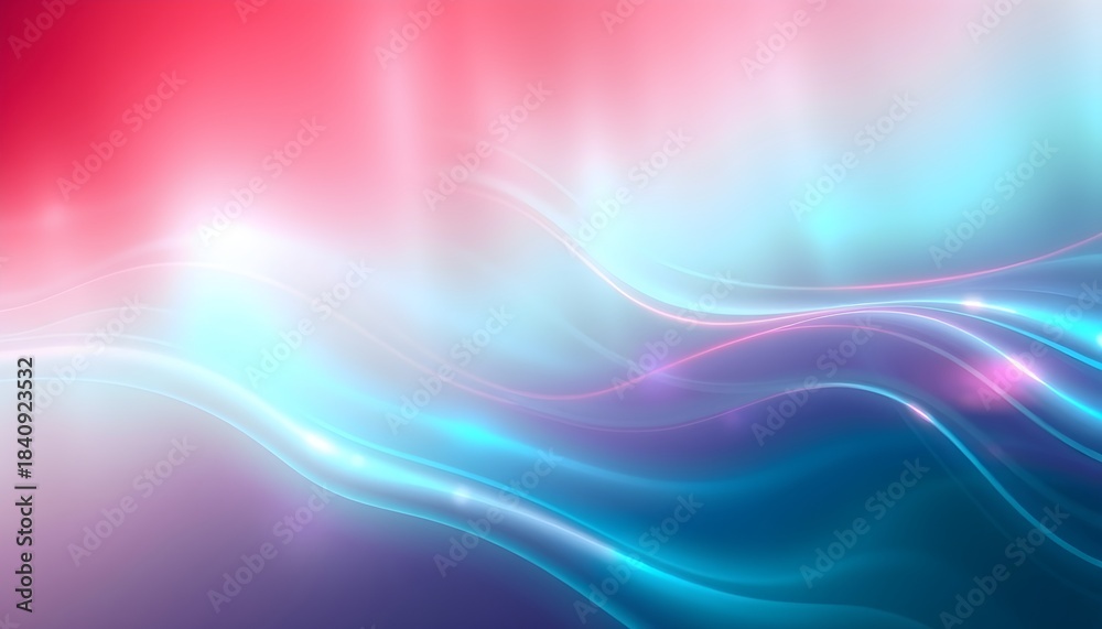 Naklejka premium 홀로그램오로라빛배경빨강에서청록색으로흐르는추상디자인, Holographic aurora background with abstract design flowing from red to turquoise