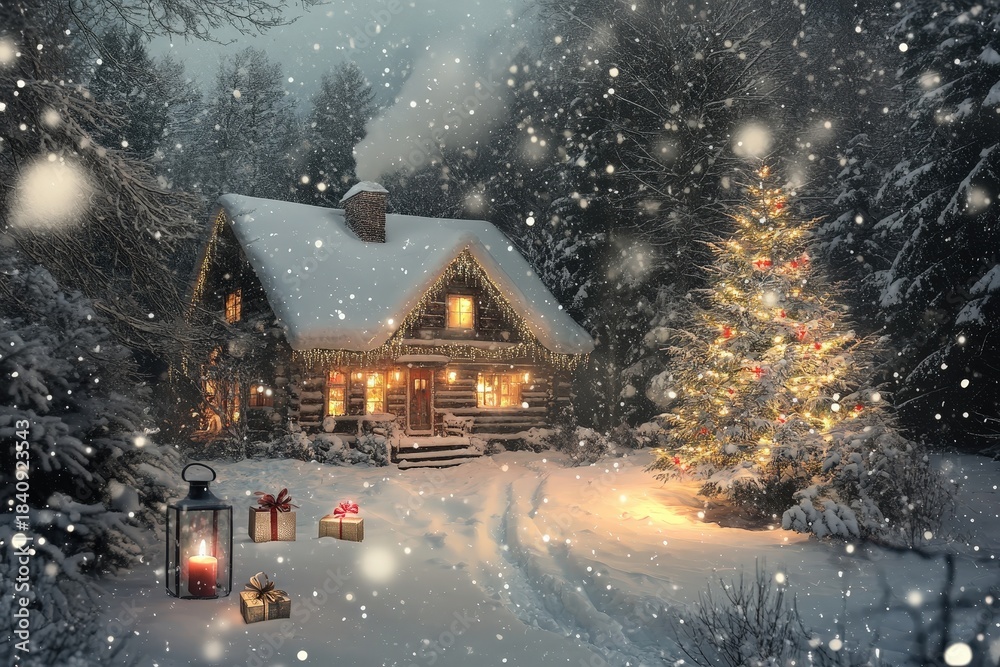 Naklejka premium Illuminated wooden cabin nestled in a snowy forest during a gentle snowfall night