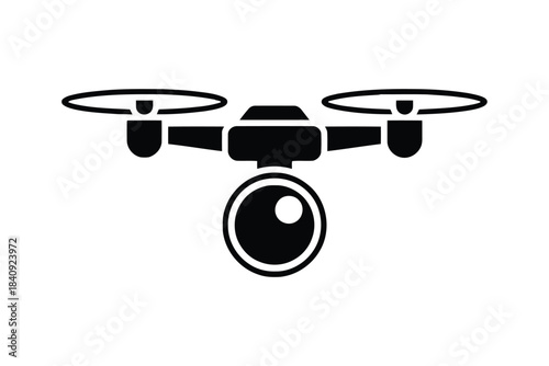 Black silhouette of a quadcopter drone with camera on white background aerial vehicle photography