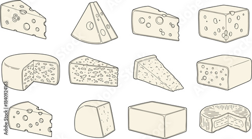 Cheese variety illustration, dairy product sketch, gourmet food icons, hand-drawn cheese types, culinary line art, flat vector illustration