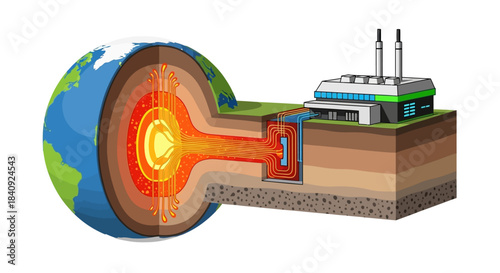 Geothermal energy system illustration with Earths cross-section showing heat extraction for power generation.