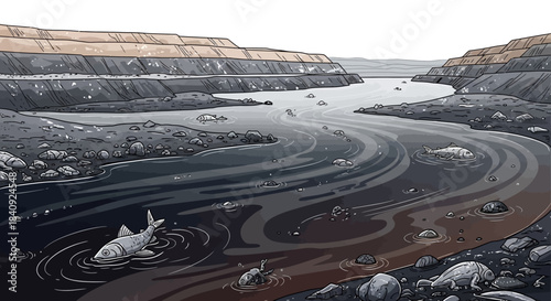 Grim comic-style illustration of a polluted river with dead fish floating in a desolate rocky landscape.
