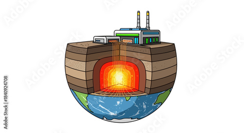 Cartoon Earth Cross-Section with Geothermal Plant and Molten Core.
