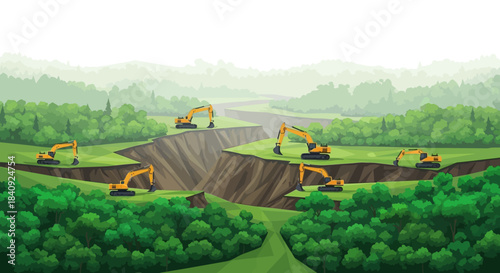 Industrial yellow excavators digging a large chasm through a lush green forest landscape.