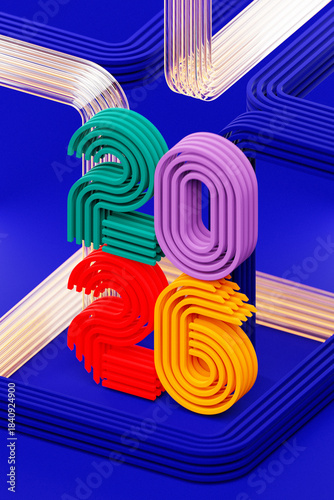3d illustration Happy new year 2026 background template. Holiday volumetric 3D illustration of the   number 2026. Festive poster or banner design. Modern happy new year background