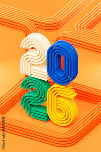 2026  with 3d numbers on  orange  background with New Year celebration balls for flyers, posters, signs for business design, brochures, cards, banners, postcards. 3D illustration