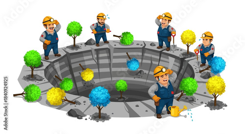 A team of cartoon miners planting and cultivating colorful green yellow and blue trees in a large stone quarry.