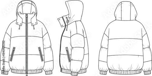 Technical Fashion CAD Drawing of a Puffer Down Jacket with Hood and Horizontal Quilting, Flat Vector Illustration for Apparel Design and Presentation.
