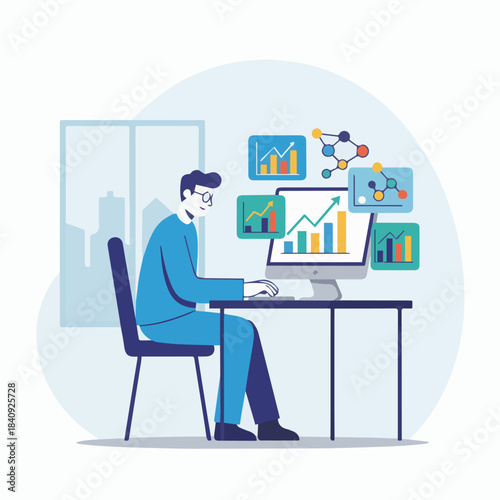  “Data Researcher Running Analysis on Computer”
Flat vector researcher typing, floating geometric data symbols (bars, lines, nodes), clean tech-solid palette.