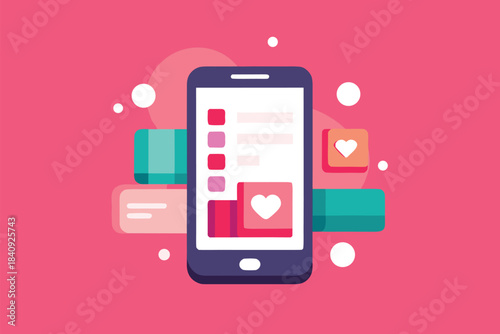Colorful vector image showing a smartphone surrounded by social media icons, heart symbols, and like indicators, representing connectivity, sharing, and online engagement in a modern mobile world.