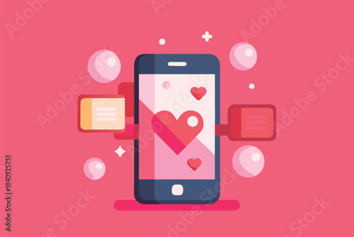 A vibrant illustration of a smartphone displaying a heart page, surrounded by floating cards and bubbles on a pink background, conveying love, dating, and mobile interaction.