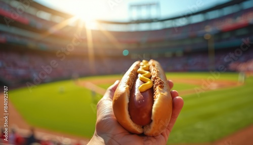 Hand holds classic hot dog with mustard at baseball stadium. Sun shines on green field and spectator seats. Enjoying ballpark food during sunny day game.