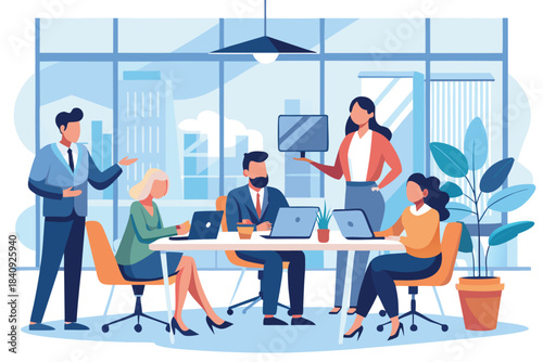 Team Meeting In Modern Office With Diverse Colleagues Collaborating Around A Table During Workday Session