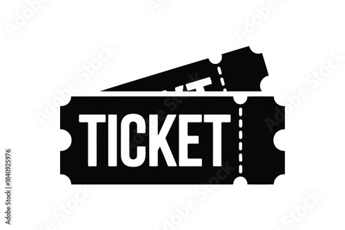 Two black and white tickets with the word T I C K E T in white text on a white background admission entry