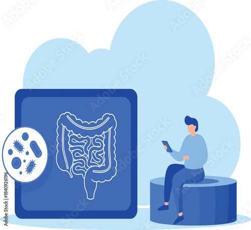 Gut Health and Microbiome Flat Vector Illustration with Intestines Screen Bacteria and Person Using Smartphone for Digital Wellness.
