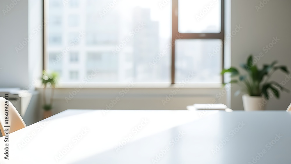 Fototapeta premium Minimalist office desk bathed in morning sunlight, emphasizing a clean and productive workspace.