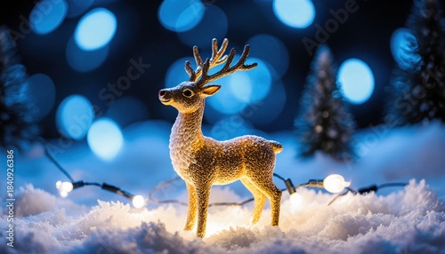 Golden Reindeer Figurine Surrounded by Winter Lights and Snow